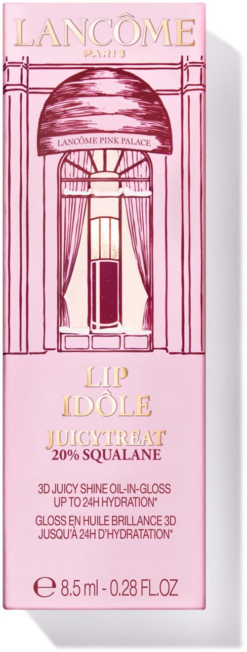 Pink lipstick packaging with a drawing of the Palace of Versailles and Lancôme logo at the top.