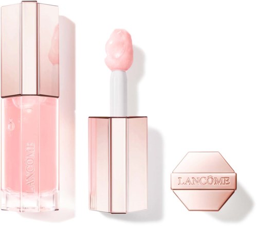Lippen gloss Tube, Applikator und kleiner Puder mit Lancôme-Logo in Rosa-Tönen.