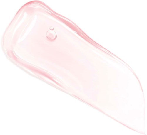 Eine klare, rosa getönte Gel mit einem Tropfen darauf, in einer abstrakten Form.