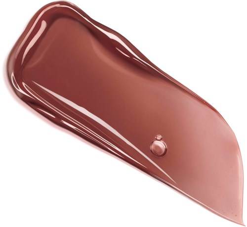 Ein Streifen glänzender brauner Nagellack mit einem Tropfen in der Nähe des Rands.