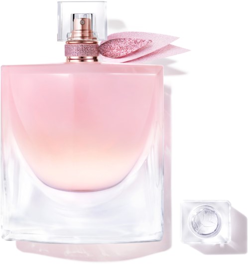 A pink perfume bottle with a spray top, a glittery pink cap, and a separate clear cap.