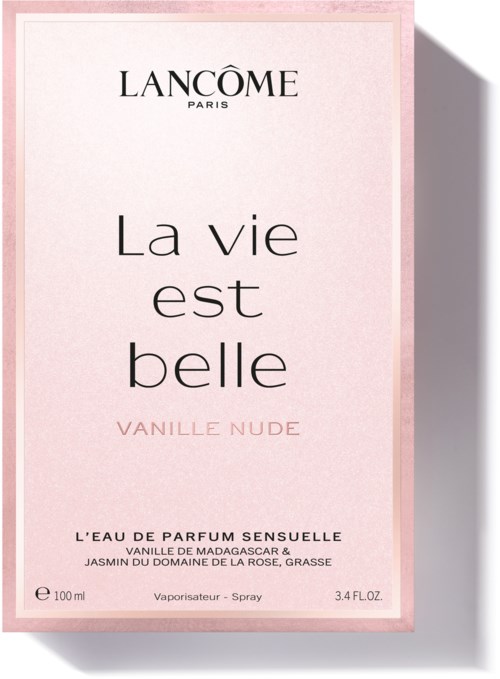 A pink perfume box with black and pink text, promoting 'La vie est belle' vanilla nude fragrance, 100ml, spray.