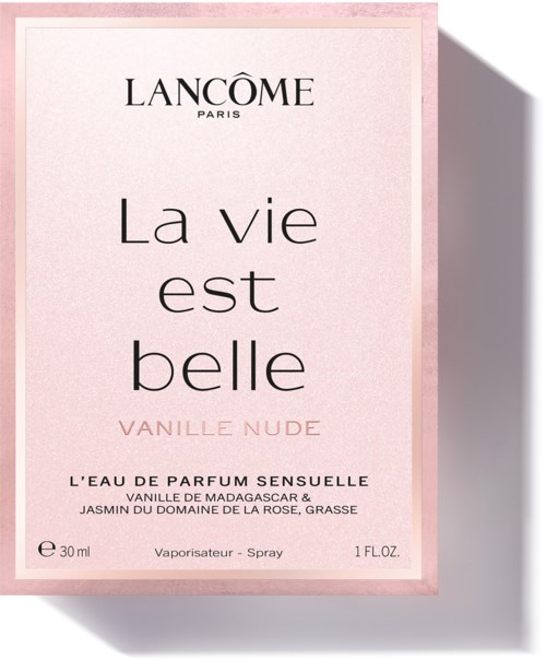 Lancôme parfumdoos in roze en wit met tekst over vanillesmaak en 30 ml.