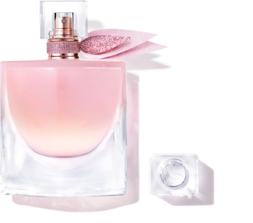 A pink perfume bottle with a spray nozzle, a pink swab, and a small clear container.