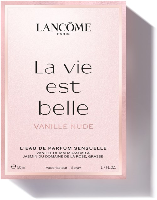 Lancôme perfume box with pink and black text, scent named Vanille Nude, 50 ml.