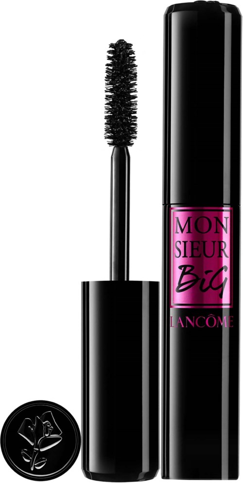 Een zwarte mascara-flacon met roze label en applicator, voor het maken van oogwimpers.