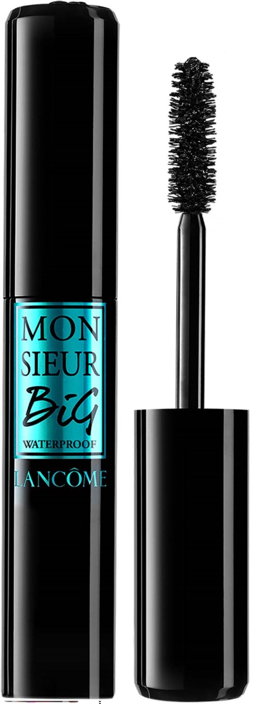 Ein schwarzer Wimperntuschebehälter mit blauem Etikett, Bürste außerhalb.