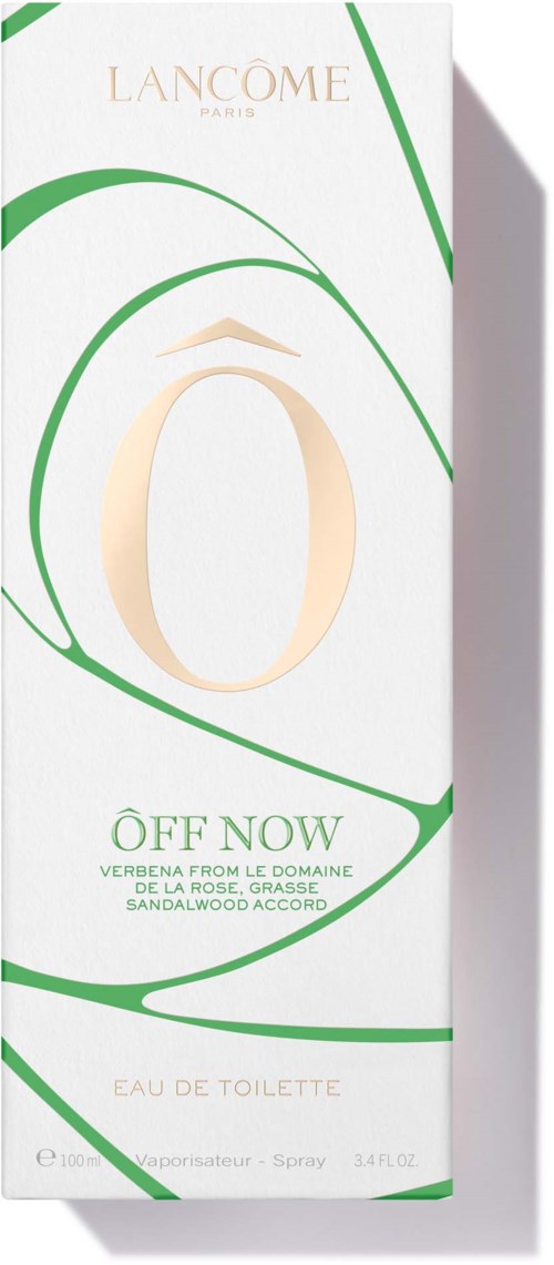 A white box with green lines and a large gold number zero, labeled 'OFF NOW' and 'Eau De Toilette' for perfume.
