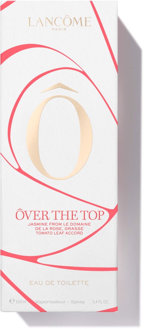 Lancôme-Logo mit rotem Schwungdesign, weißem Hintergrund und Text über ein Parfüm namens "Over the Top."
