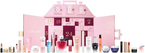 A pink advent calendar with numbered doors, surrounded by various skincare and beauty products.