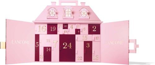 Lancôme makeup advent calendar with numbered doors and pink packaging.