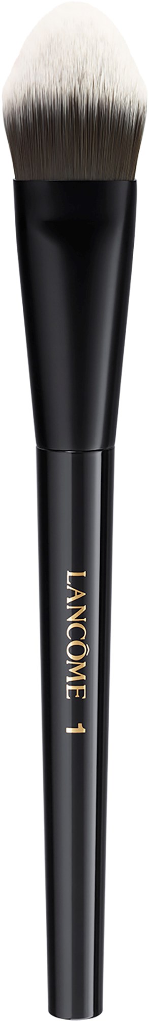 Make-up kwast met zwart handvat en witte haren, gelabeld 'LANCÔME 1' in goud, op een zwarte achtergrond.