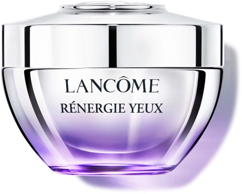 Eine silberne und lila Schale mit der Aufschrift Lancôme Rénergie Yeux, wahrscheinlich ein Hautpflegeprodukt. Die Schale ist rund.