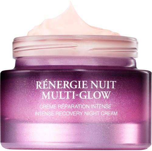 Yön ihonhoitotuotteen purkki, päällä vaaleanpunainen kerma, etiketti 'RÉNERGIE NUITS MULTI-GLOW' tehokkaaseen palautumiseen.