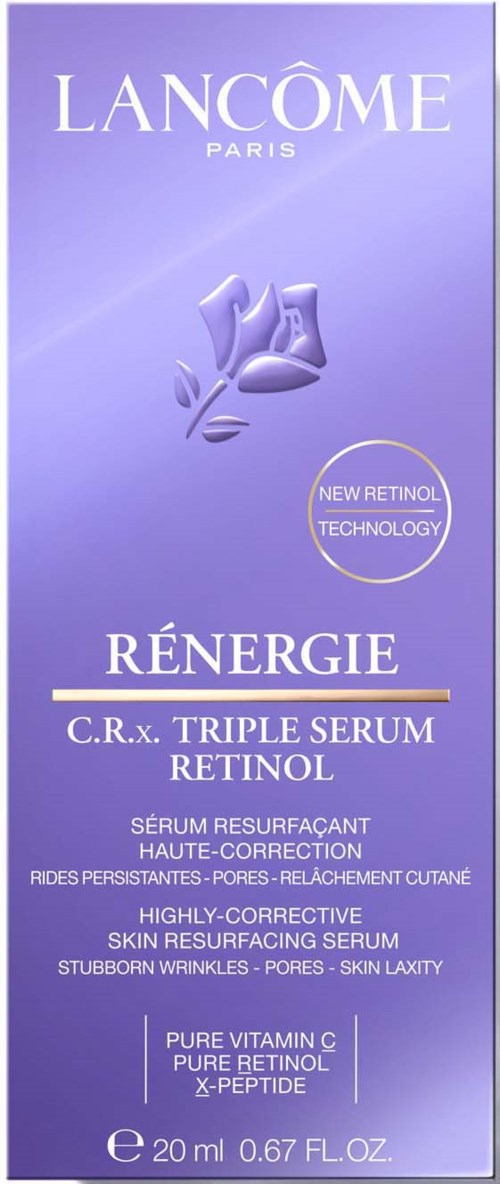 Eine lilafarbene Box mit weißem und silbernem Text, zeigt Logo und Beschreibung von Hautserum und Inhaltsstoffen.