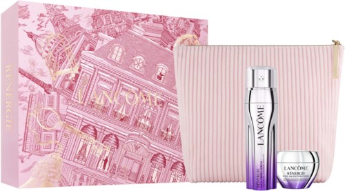 Lancôme skincare set with a tall bottle and small jar, pink striped cosmetic bag, and pink cityscape box.