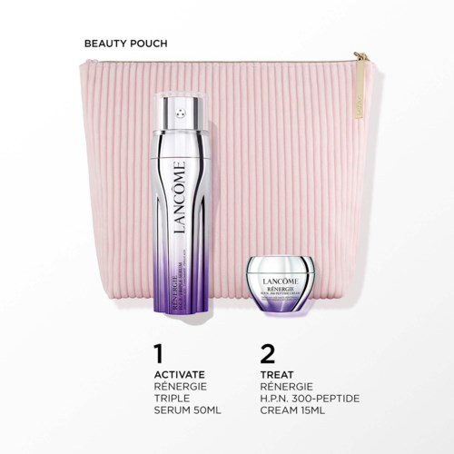 Lancôme skincare set with a pink striped pouch, including Activate Rénergie Triple Serum 50ml and Rénergie H.P.N. 300-Peptide Cream 15ml.