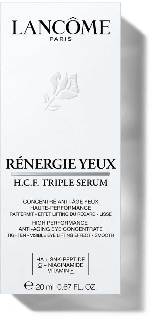 Verpakking met Lancôme Rénergie Yeux oogserum, wit met zwarte en grijze tekst, toont productdetails en voordelen.