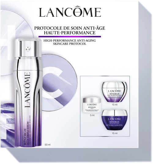 Lancôme huidverzorgingsproducten voor anti-aging, inclusief een grote fles en twee kleine potjes, met wit en paars ontwerp.