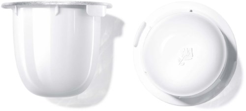 A white ice cream bucket with a lid, shown from above and side view.