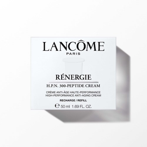 Lancôme Rénergie cream box with black text on a white background, shadowed and slightly opened on the side.