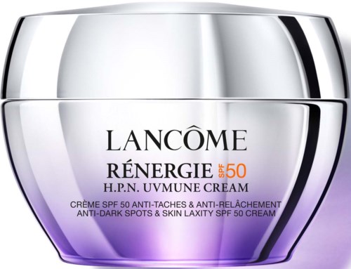 Lancôme Rénergie UV-Schutzcreme mit SPF 50 in einem silber-lila Farbverlaufsglas.
