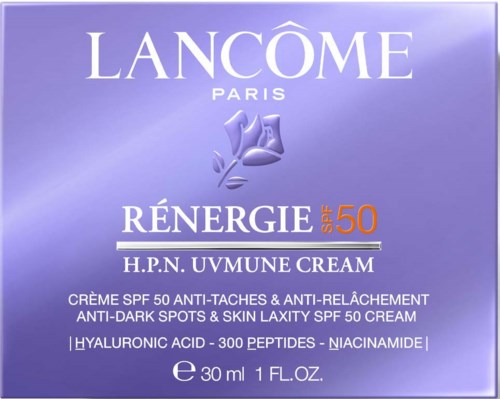 Lancôme Rénergie Creme mit SPF 50 gegen dunkle Flecken, in lila Schachtel.