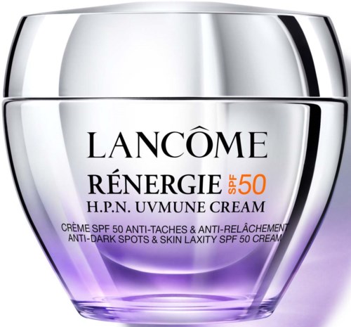 Een zilveren en paarse potje van Lancôme Rénergie H.P.N. UV Sun Cream SPF 50, voor huidbescherming en donkere vlekken.