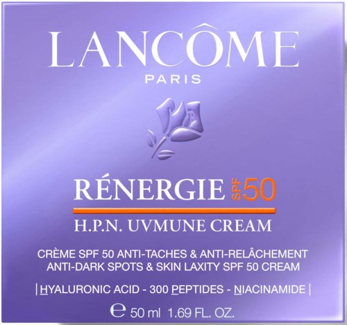 Lila doos voor Lancôme gezichtscrème met SPF 50, ingrediënten vermeld, inhoud 50 ml.