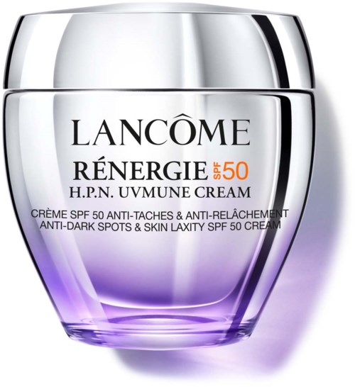 Ein Glas mit Anti-Dunkelstellen- und Hautelastizitätscreme mit SPF 50 von Lancôme, lila und silbernes Design.