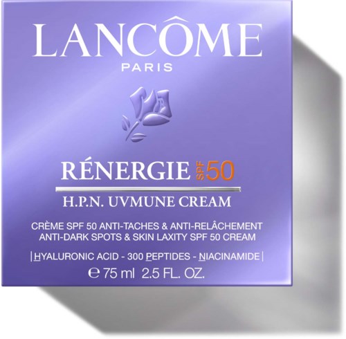Lancôme-Logo und lila Box mit Sonnenschutzcreme SPF 50. Es erwähnt Hyaluronsäure und Niacinamid. 75 ml.