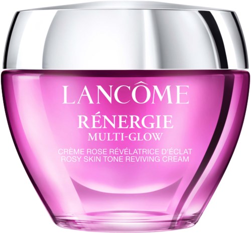 Vaaleanpunainen ja hopea purkki Lancôme Rénergie Multi-Glow virkistävälle voiteelle. Purkki on pyöreä ja kiiltävä hopeakansi.