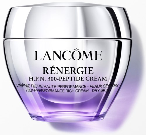 Ein Behälter Lancôme Rénergie H.P.N. Creme in Silber und Lila, bezeichnet als Hochleistungs-Reichhaltigkeitscreme für trockene Haut.