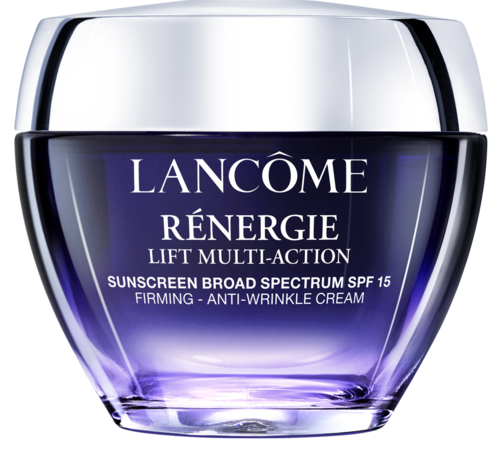 En burk av Lancôme Rénergie Lift Multi-Action kräm för firmning och anti-rynka, med SPF 15. Burken är lila och silver.