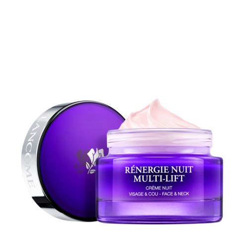 A purple jar of night cream with pink cream on top, labeled 'Rénergie Nuit Multi-Lift'.