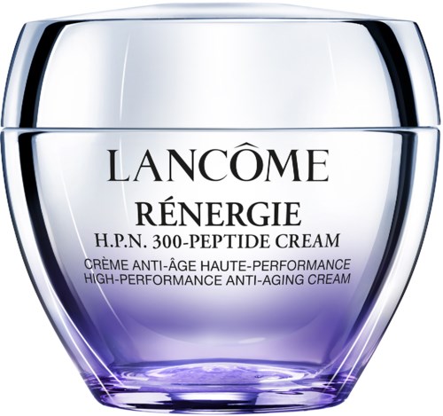 Hochwertiger weißer und lila Behälter mit Lancôme Rénergie H.P.N. 300-Peptide Cream Label für Anti-Aging-Hautpflege.
