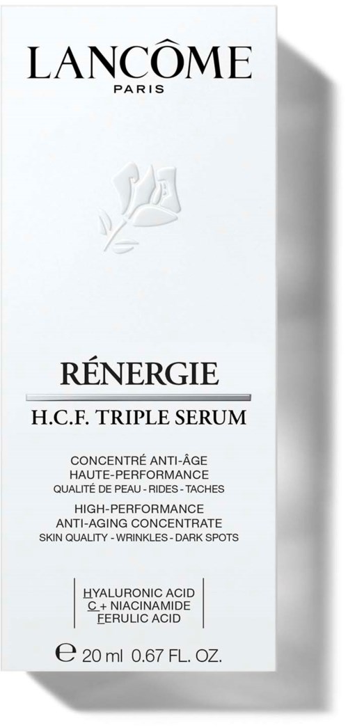 Een wit doosje met zwarte tekst toont Lancôme-logo en huidverzorgingsproductgegevens, inclusief ingrediënten en grootte.