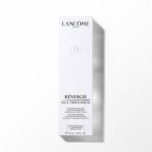 Een witte doos met Lancôme Rénergie serum geschreven en productdetails.
