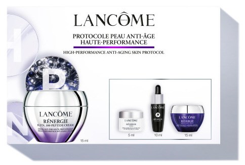 Lancôme huidverzorgingsset met flessen, potjes en een doos, bevordert anti-aging huidverzorging.