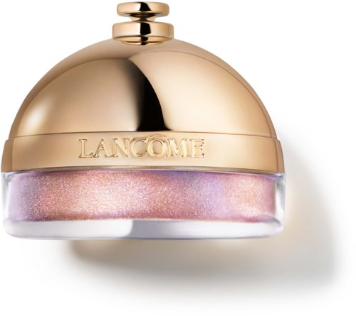 Gullfarget Lancome kosmetisk krukke med en skinnende, rund lokk og rosa glitterprodukt inni.