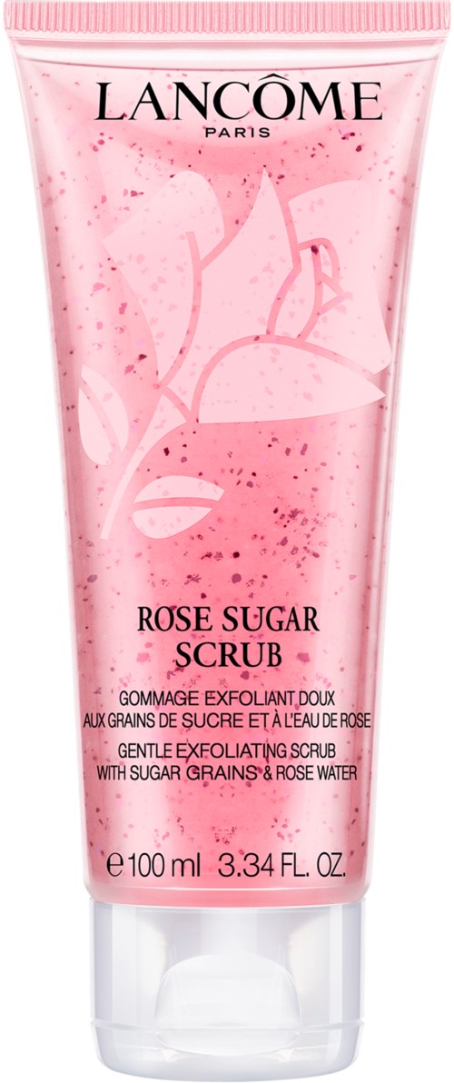 Pinkfarbige Tube mit Rose Sugar Scrub, Blumenmuster und Markenname Lancôme Paris.