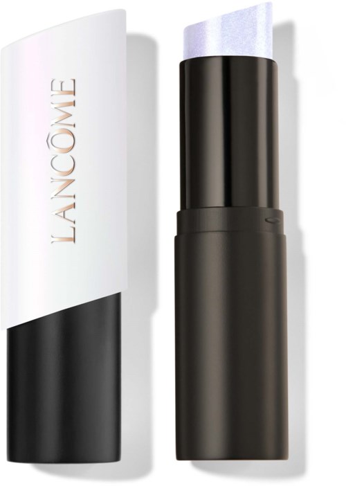 Een zwart-wit lippenstift met deksel omhoog, en een witte dop met 'LANCÔME' geschreven.