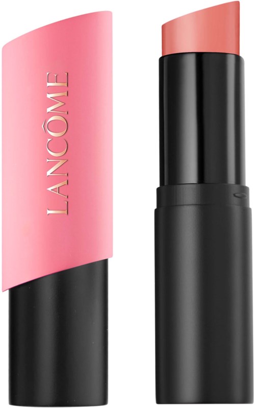 Pink and black lipstick with a pink cap showing the brand name Lancôme.