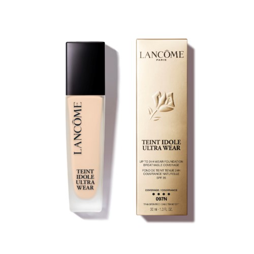 Lanc 4me vloeibare foundationfles met bijpassende doos, beiden in licht beige en zwart, gelabeld voor ultra wear.