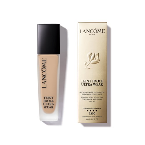 Lancome Teint Idole Ultra Wear foundation bottle and box are shown, both beige with black and gold details.