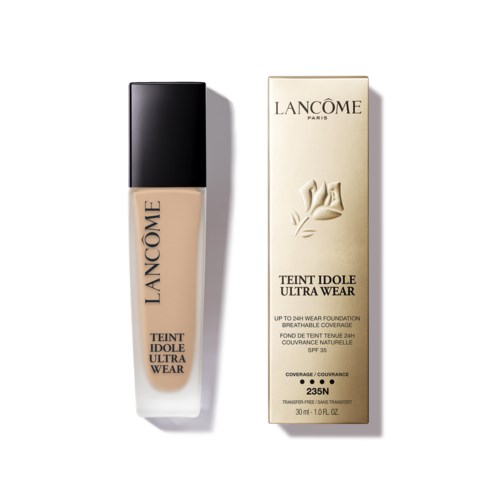 Lancôme liquid foundation and its box with product information and branding in elegant design.