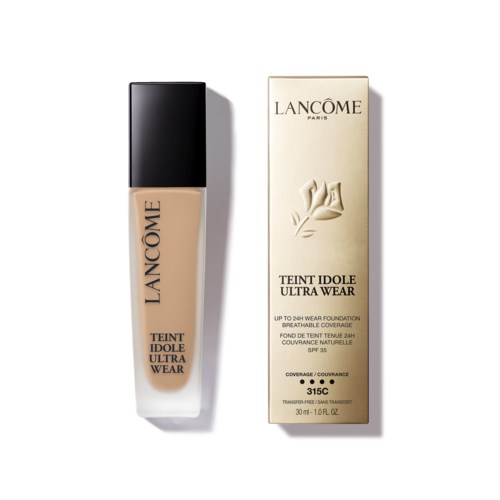 A bottle of Lancôme Teint Idole Ultra Wear foundation next to its box, both featuring a beige color scheme and logo.