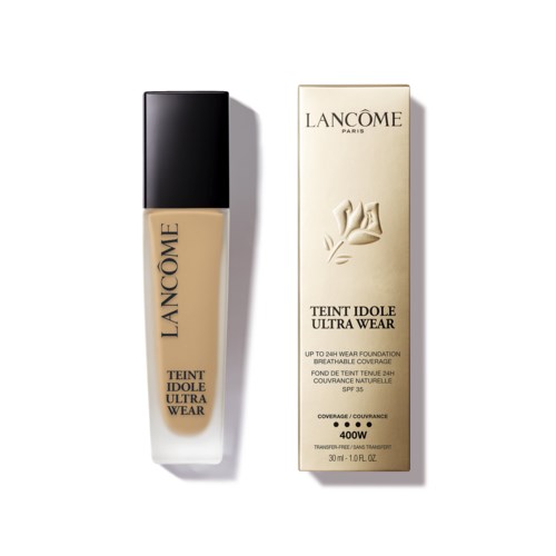A bottle of Lancôme Teint Idole Ultra Wear foundation and its box showing product details.