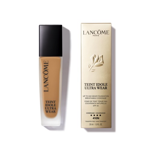 Lipstick and box design with beige color, black cap, and Lancôme branding. Highlights foundation type and shade number 410.