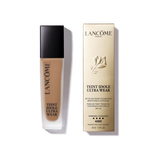 A bottle of Lancôme liquid foundation next to its box, labeled Teint Idole Ultra Wear, with SPF 35.